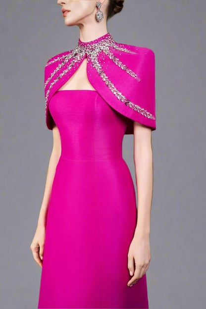 Strapless A-line dress with embellished shoulder cape - SERENA-1