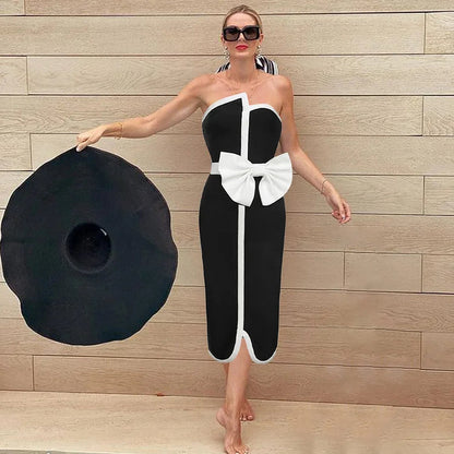 strapless bow-detail one-piece with contrast midi skirt – CHIC