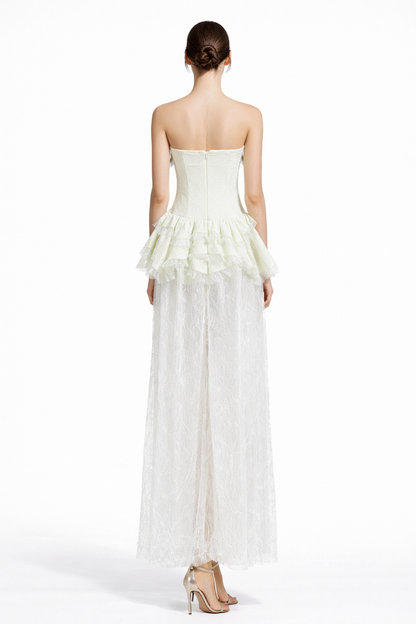 Strapless Lace Maxi Dress with Ruffled Peplum Detail – ELYSÉE