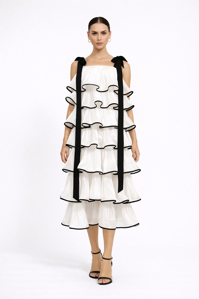 strapless tiered ruffle midi dress with contrast trim – DRAMA