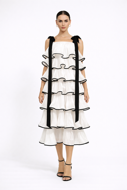 strapless tiered ruffle midi dress with contrast trim – DRAMA