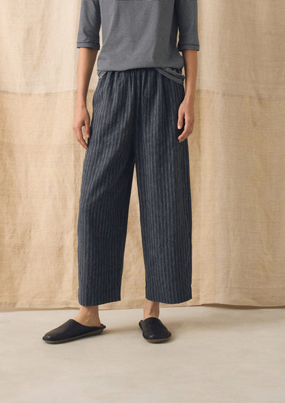 Stripe Linen Cotton Barrel Leg Trousers | Shadow Blue/Black