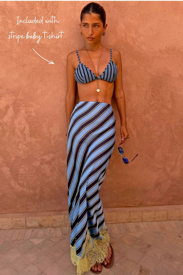 Blue Stripe Maeva Midi Skirt with diagonal stripes and yellow lace hem, paired with a matching bikini top.