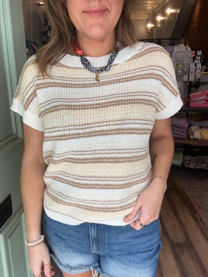 Stripe short sleeve knit sweater
