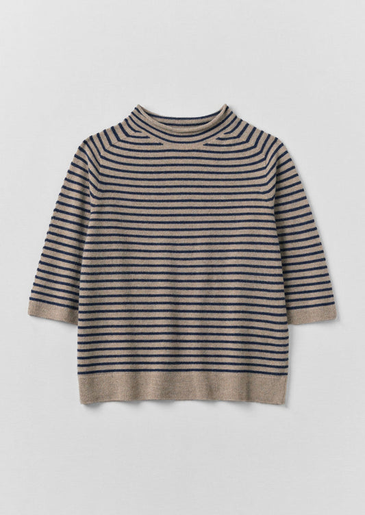 Stripe Wool Cashmere Half Sleeve Sweater | Biscuit/Anthracite
