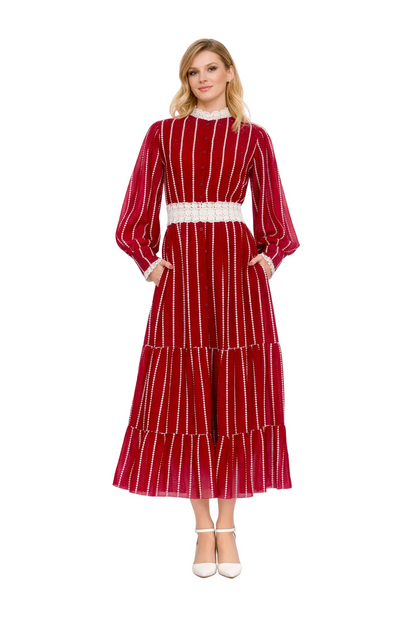 striped lace maxi dress with contrast waist band – VALENTINA