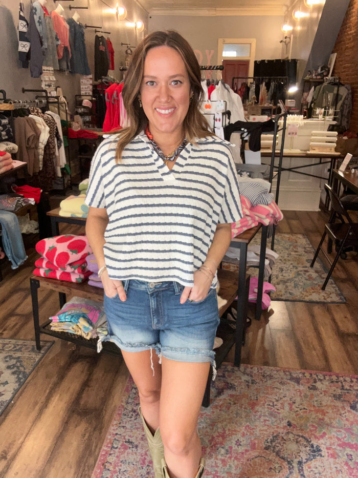 Striped split neck collar top