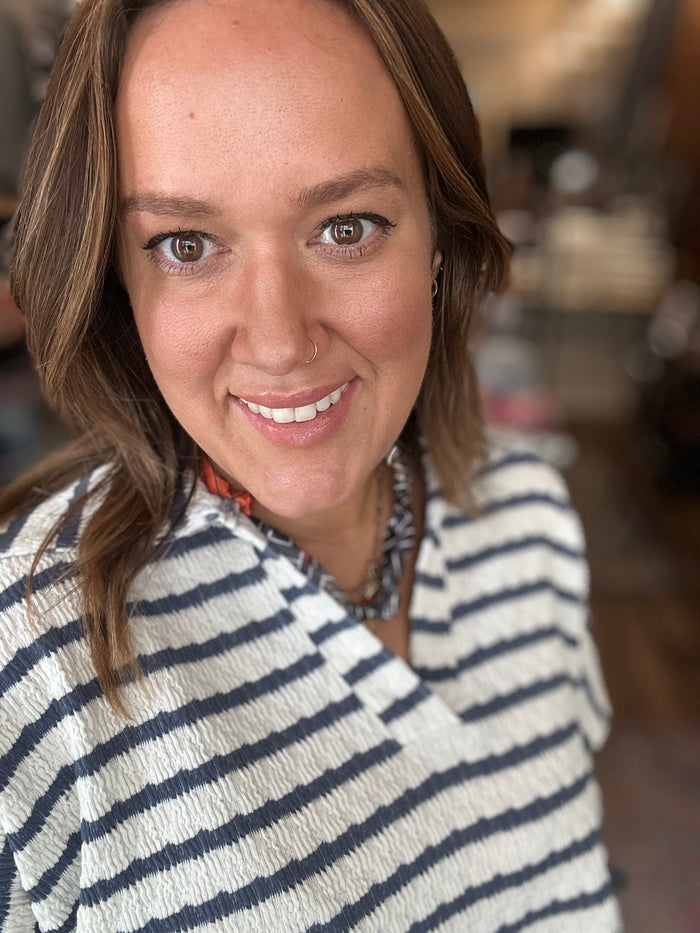 Striped split neck collar top