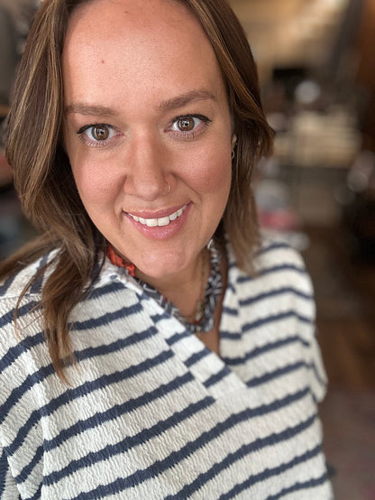 Striped split neck collar top