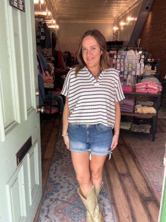 Striped split neck collar top