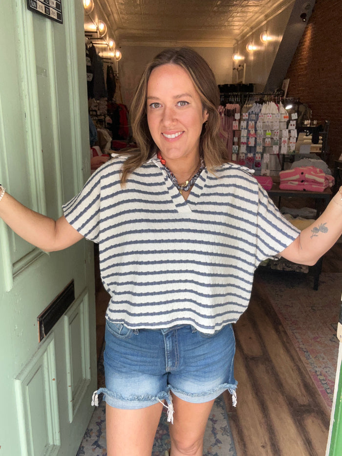 Striped split neck collar top