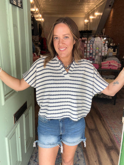 Striped split neck collar top