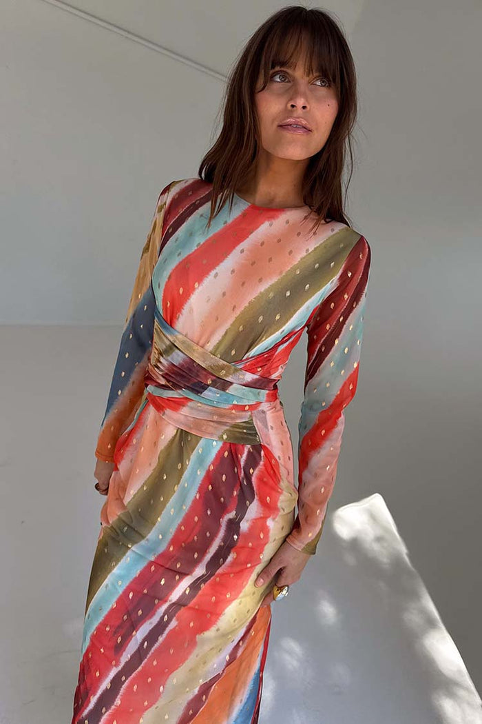 Sunset Stripe Mesh Midi Dress featuring vibrant multicoloured stripes, gold foil dots and a wrap tie waist.