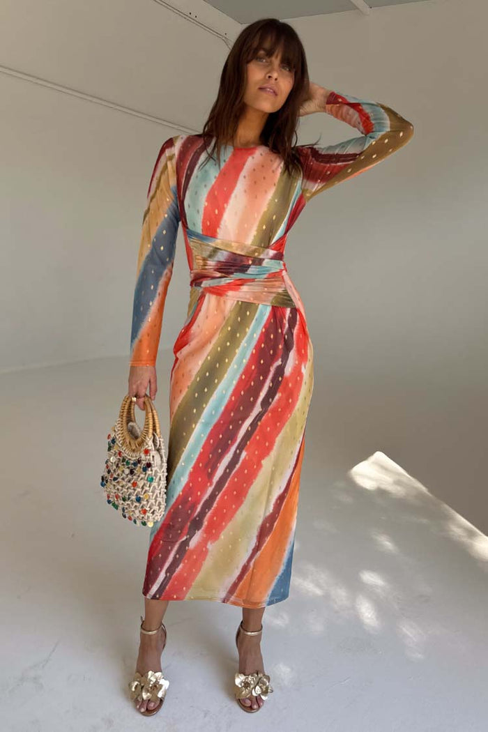 Sunset Stripe Mesh Midi Dress in a multicoloured silky mesh with a wrap tie waist and long sheer sleeves.
