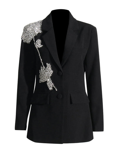 tailored black blazer with crystal leaf embellishment – NOIRIS
