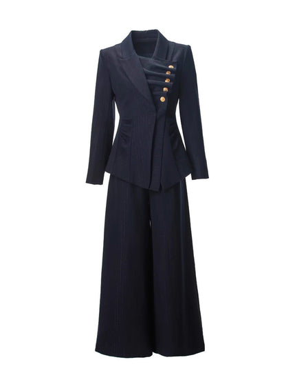 tailored blazer and wide-leg pants set with gold button detail – NAVARA