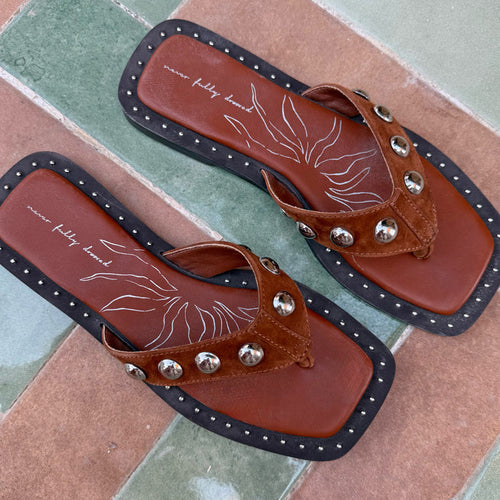 Tan Leather Stud Sandals with a square toe and silver stud detailing on wide suede straps and outer sole edges.