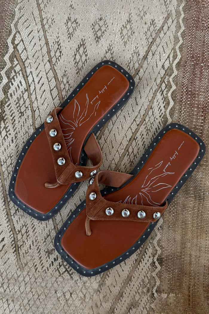 Tan Leather Stud Sandals featuring a square toe and silver stud detailing on wide suede straps.