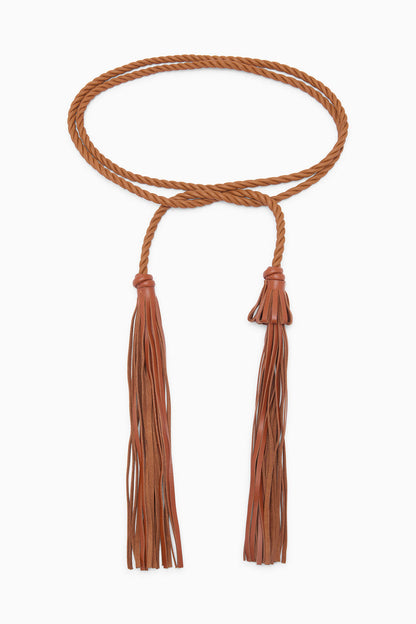 Brown Leather Braided Tassel Belt - Flat Lay | Ulla Johnson