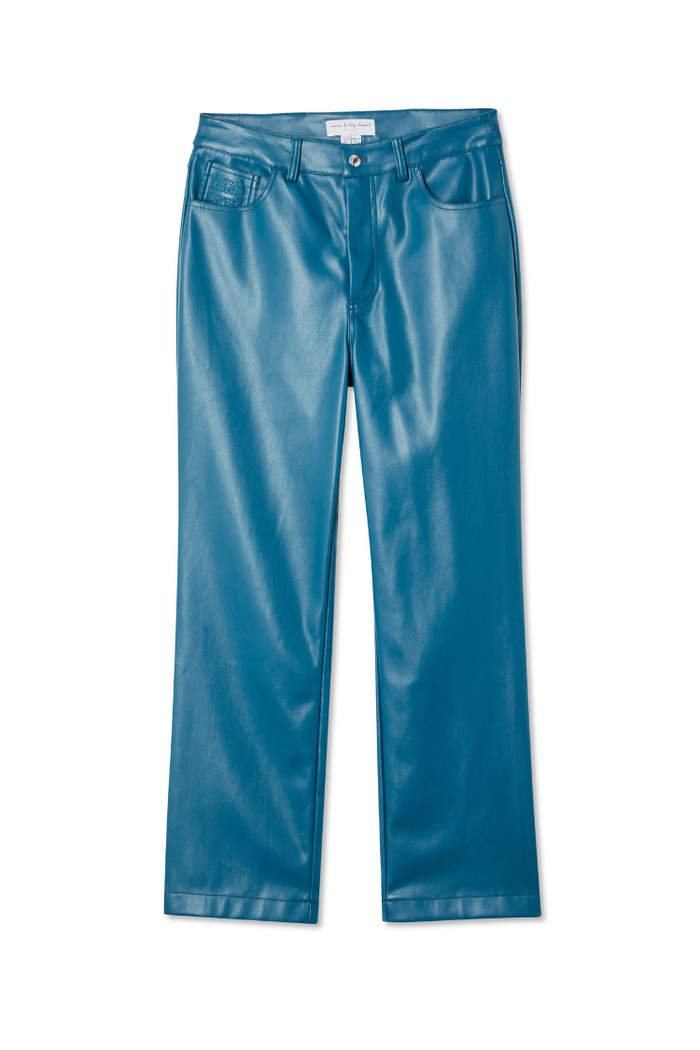 Teal Vegan Leather Trousers in a straight leg fit with a classic five-pocket design and embroidered logo.