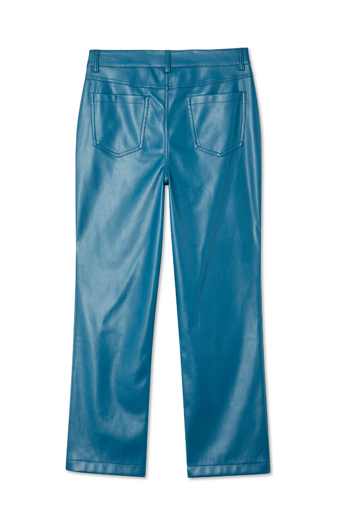 Straight leg Teal Vegan Leather Trousers in a back view showing pocket details and a smooth finish.