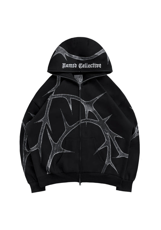 THORN RHINESTONE ZIP HOODIE BLACK
