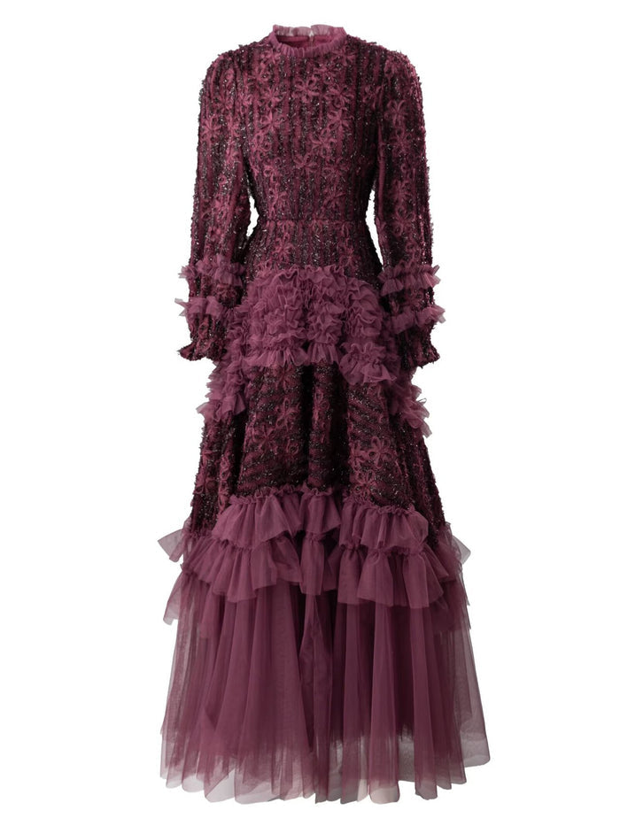 tiered tulle gown with floral lace and ruffle details – AMARANTH