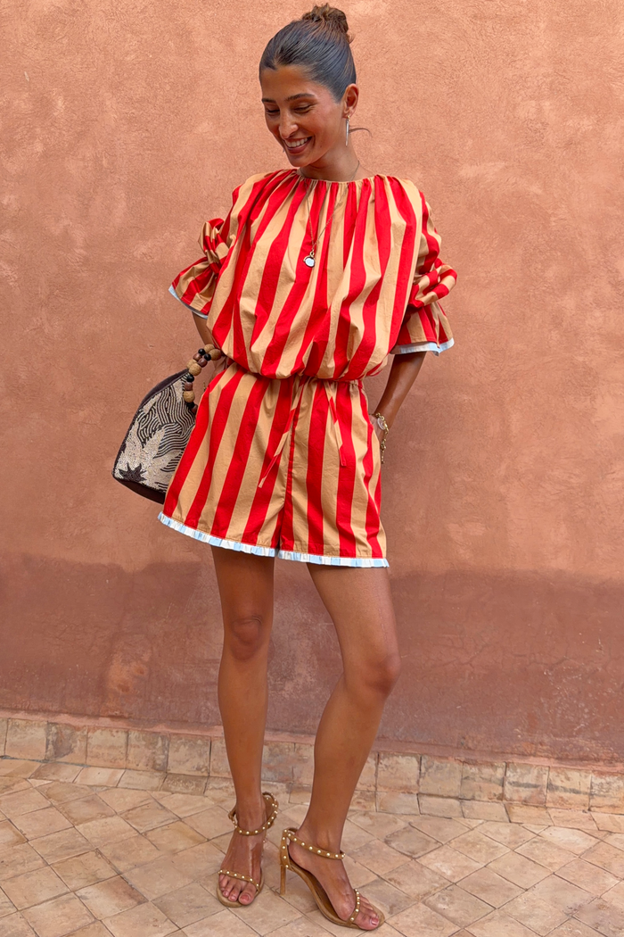 Red and camel striped cotton Tomato Stripe Blouse with voluminous sleeves and matching co-ord shorts.