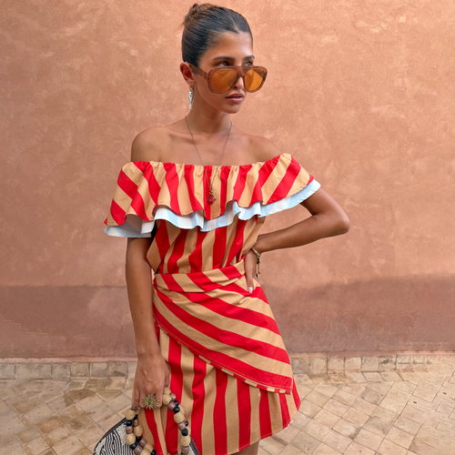 Tomato Stripe Scarf in red and tan stripes styled as a multi-wear off-the-shoulder top.