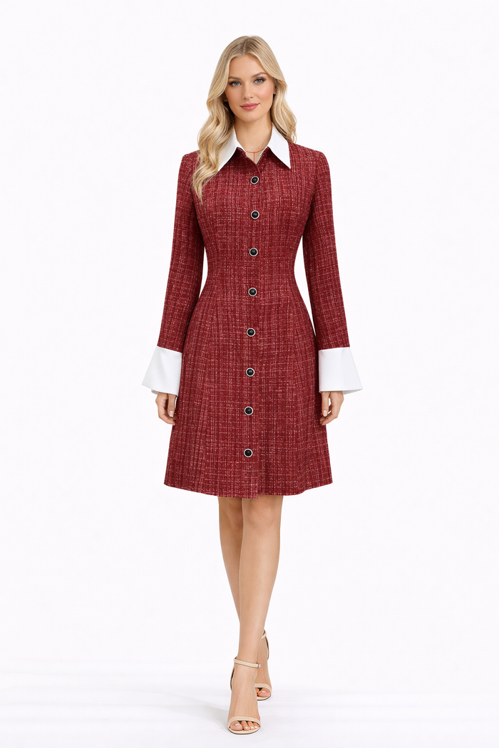tweed button-front mini dress with contrast collar – TWEED