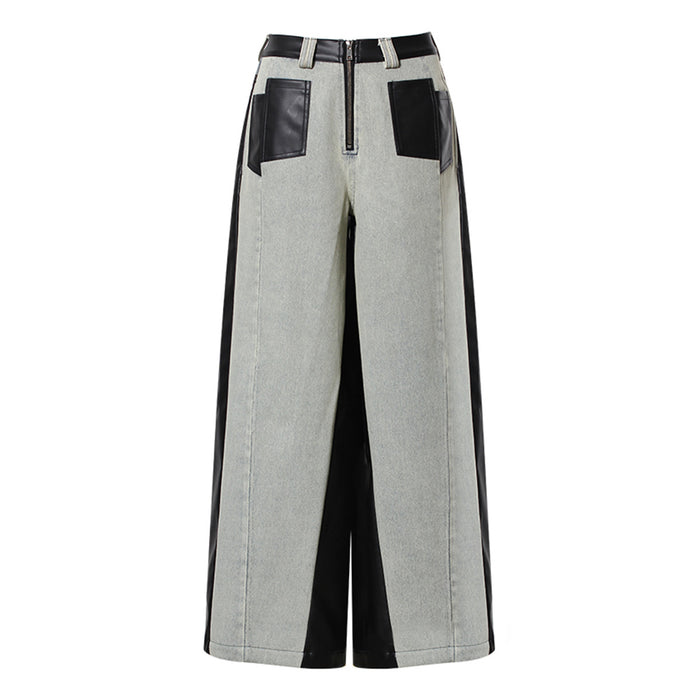two-tone wide-leg denim pants with faux leather panels – NOIR