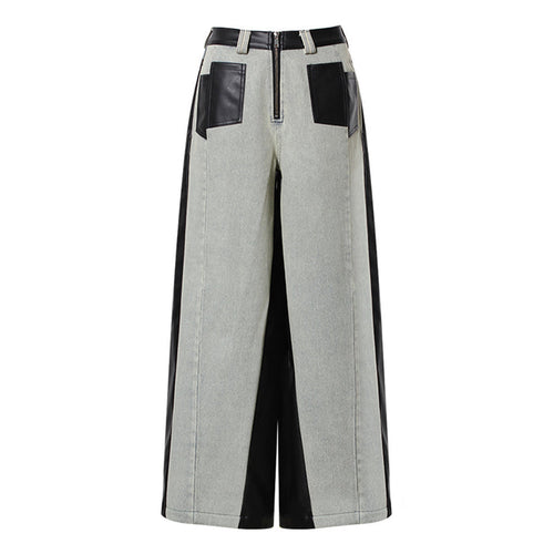 two-tone wide-leg denim pants with faux leather panels – NOIR