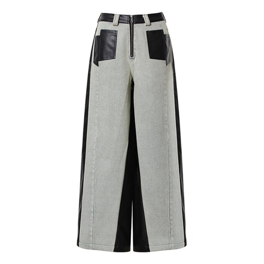 two-tone wide-leg denim pants with faux leather panels – NOIR