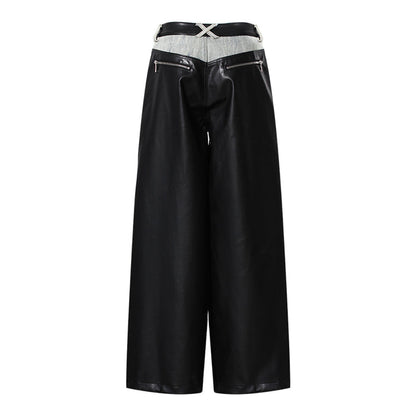two-tone wide-leg denim pants with faux leather panels – NOIR