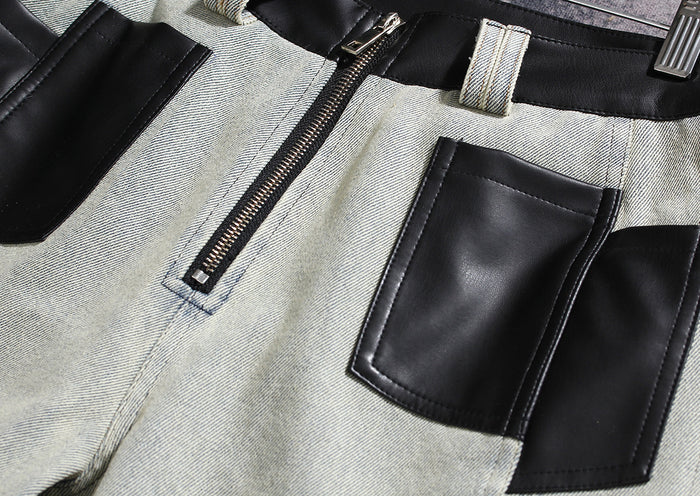 two-tone wide-leg denim pants with faux leather panels – NOIR