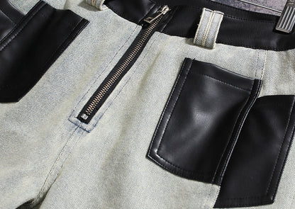 two-tone wide-leg denim pants with faux leather panels – NOIR