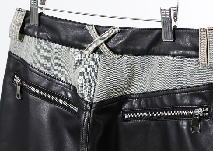 two-tone wide-leg denim pants with faux leather panels – NOIR