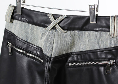 two-tone wide-leg denim pants with faux leather panels – NOIR