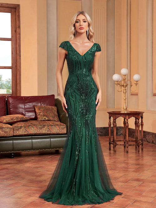 v-neck sequin mermaid dress with cap sleeves – ELIORA