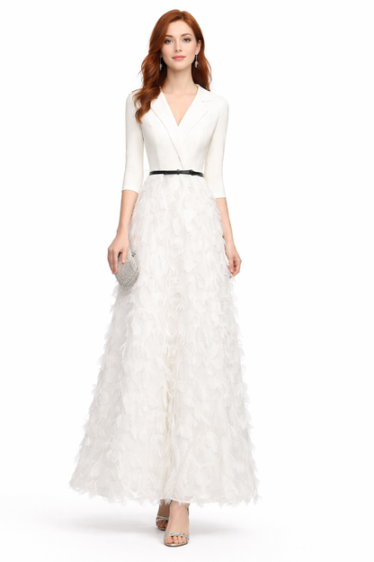 V-neck tailored bodice feather maxi dress – SCARLET