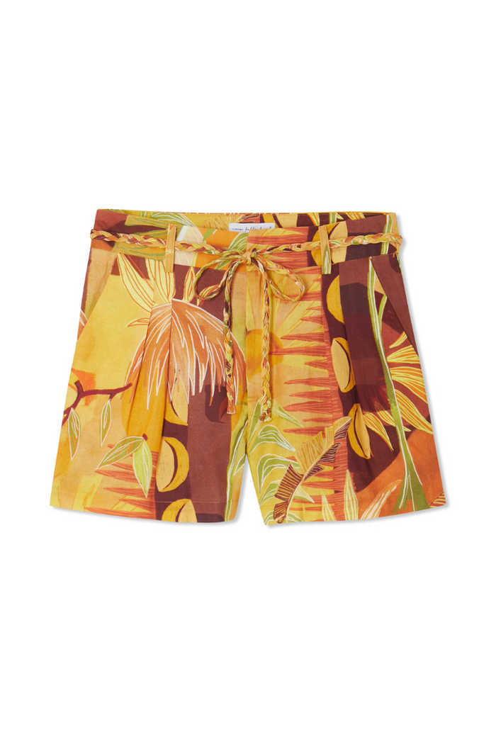 Verano Tate Shorts in a cotton-linen blend with tropical palm and sun motifs and a braided tie waist belt.