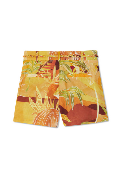 Verano Tate Shorts in a tropical sun and palm print with a braided waist belt and back pockets.