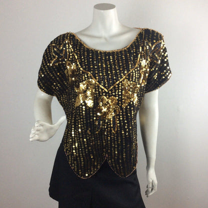 VINTAGE 1970’S BUTTERFLY TOP,BLACK, GOLD SEQUINS, BEADS, DISCO EVENING 8 10