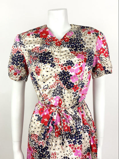 VINTAGE 60s 70s BEIGE BLUE RED PINK FLORAL DITSY PSYCHEDELIC DRESS 10 12