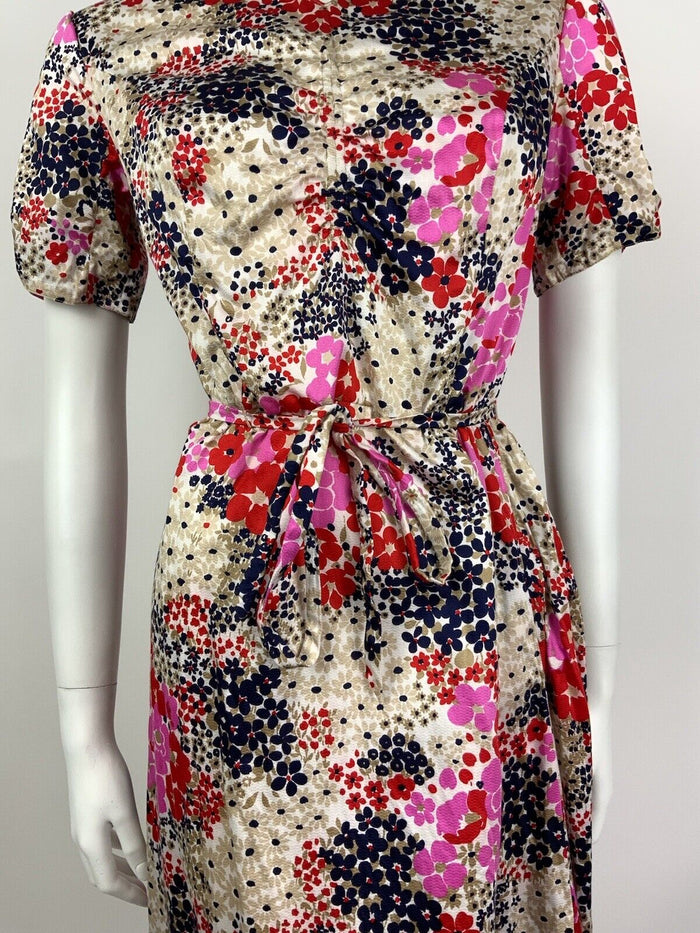 VINTAGE 60s 70s BEIGE BLUE RED PINK FLORAL DITSY PSYCHEDELIC DRESS 10 12