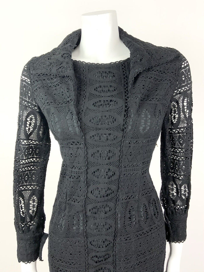VINTAGE 60s 70s BLACK LACE CROCHET MOD COVEN GLAM WING COLLAR DRESS 10 12