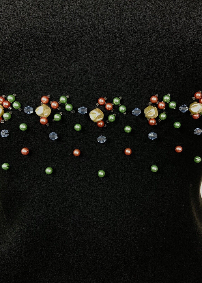 VINTAGE 60s 70s BLACK PINK GREEN BLUE PEARL BEADED EMPIRE LINE PARTY DRESS 8 10