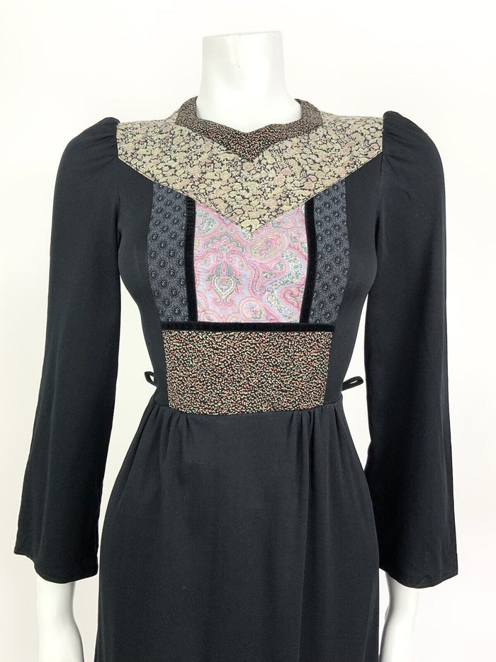 VINTAGE 60s 70s BLACK PINK GREEN FLORAL DITSY PAISLEY BOHO FOLK PRAIRIE DRESS 8
