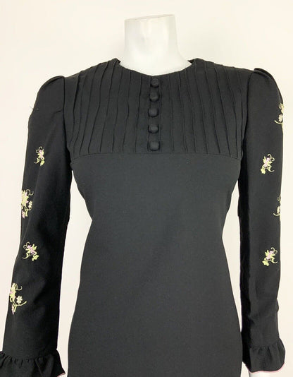 VINTAGE 60s 70s BLACK PINK LIME MINT GREEN FLORAL EMBROIDERY RUFFLE DRESS 8 10