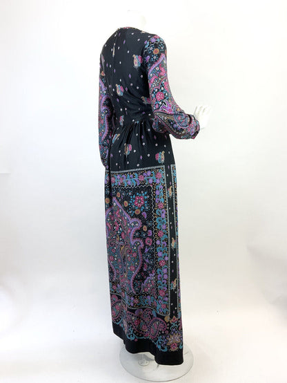 VINTAGE 60s 70s BLACK PURPLE PINK BLUE FLORAL PAISLEY BOHO FOLK MAXI DRESS 10 12